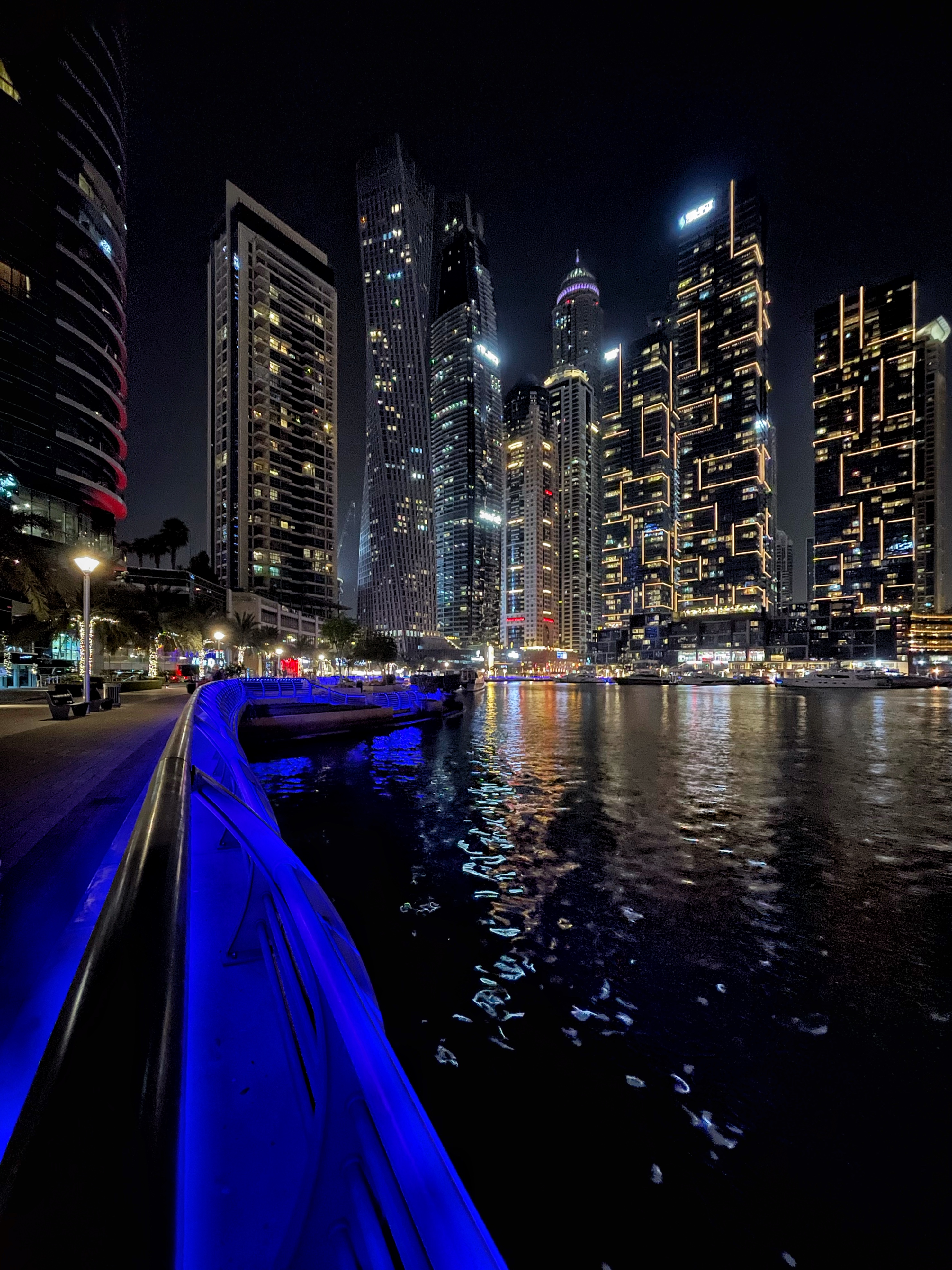 Illuminated city buildings at night